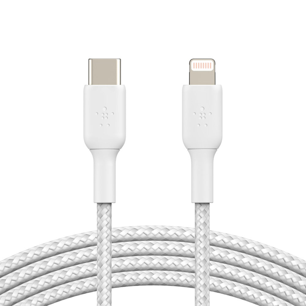 Belkin BoostCharge Braided Lightning to USB-C Cable (2m/6.6ft) - White (CAA004bt2MWH), 30W Fast Charge, 480Mbps, 10,000+ bends tested, USB-C PD, 2YR