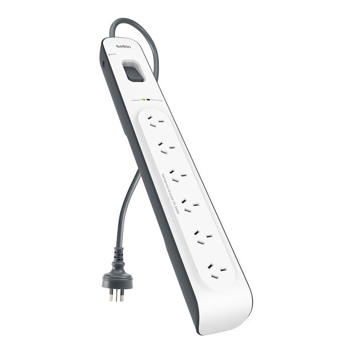Belkin 6-Outlet Surge Protector with 2M Power Cord - White/Grey(‎BSV603au2M),Rated to withstand power surge of 650 Joules,$30,000 CEW,Damage-resistant
