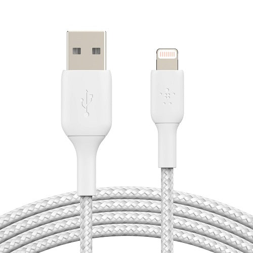 Belkin BoostCharge Braided Lightning to USB-A Cable (1m/3.3ft) - White (CAA002bt1MWH), 10,000+ bends tested,480Mbps, Braided Nylon,MFi Certified,2YR.