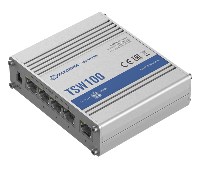 Teltonika TSW100 - Gigabit Ethernet Switch, 4 x PoE+ ports, Power Up to 120W, 5 x Gigabit Ethernet with speeds up to 1000 Mbps - PSU excluded