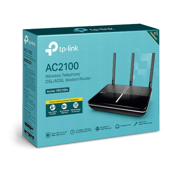 TP-Link Archer VR2100v AC2100 Wireless MU-MIMO VDSL/ADSL Telephony Modem Router VDSL2 With VoIP, Profile 35b Up To 1733Mbps, MU-M