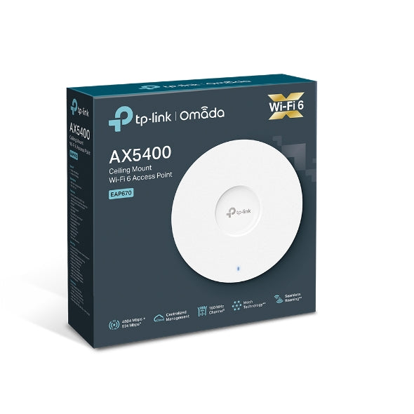 TP-Link EAP670 AX5400 Ceiling Mount WiFi 6 Access Point, 574 Mbps 2.4 GHz and 4804 Mbps 5 GHz, (RJ-45), Omada Cloud Management, Seamless Roaming