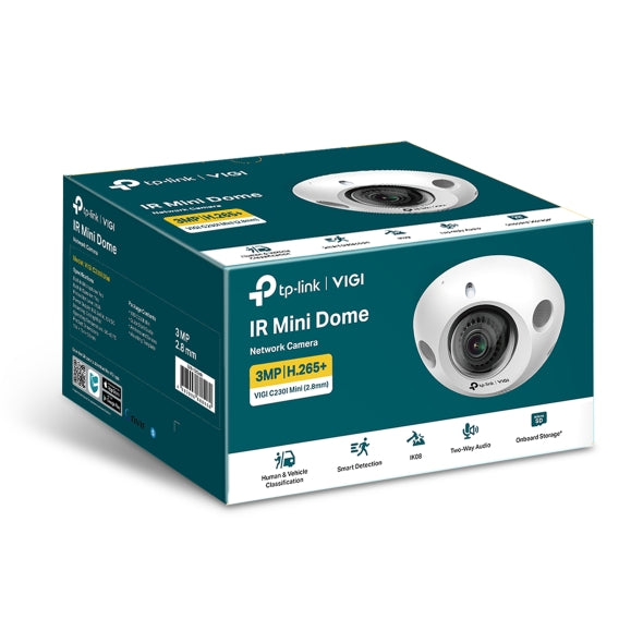 TP-Link VIGI 3MP C230I Mini(2.8mm) IR Mini Dome Network Camera, 2.8mm Ultra-wide Angle Lens,Smart Detection, 2YW (LD)