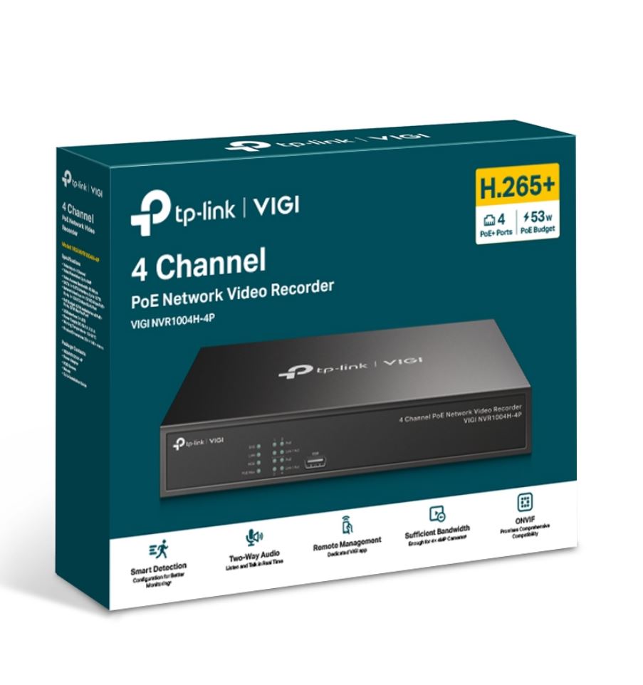 TP-Link VIGI NVR1004H-4P 4 Channel PoE+ Network Video Recorder, 24/7 Continuous Recording, 4K HDMI Video Output & 16MP Decoding Capacity 3Y (LD)