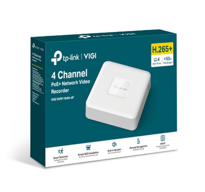 TP-Link VIGI NVR1104H-4P 4 Channel PoE+ Network Video Recorder, 24/7 Continuous Recording, 4K HDMI Video Output & 16MP Decoding Capacity 3Y (LD)