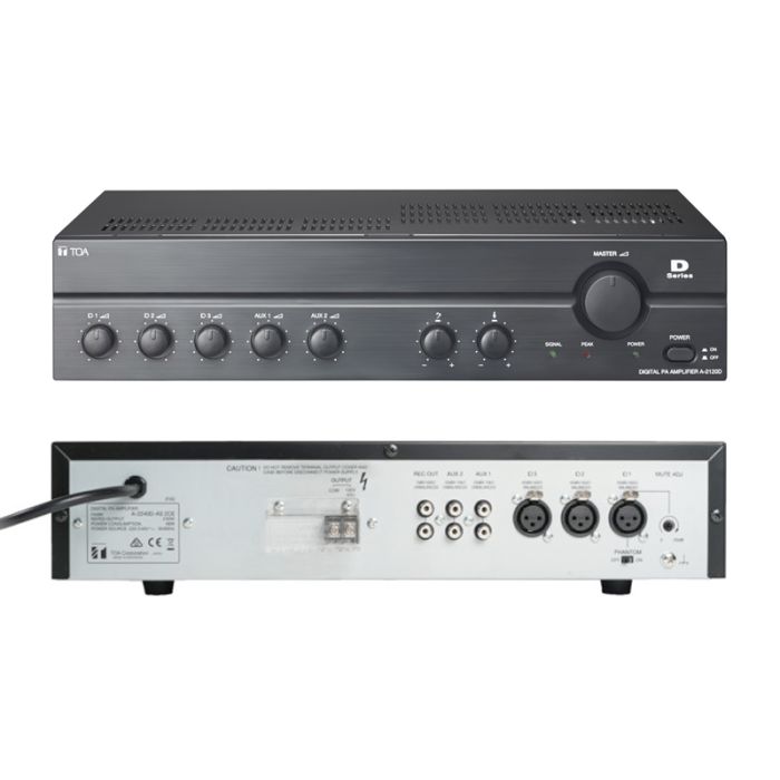 TOA 120W Mixer Amplifier, 3x Balanced
MIC Inputs, 2x Line inputs, 100V Output.
240VAC with Tone Generator
